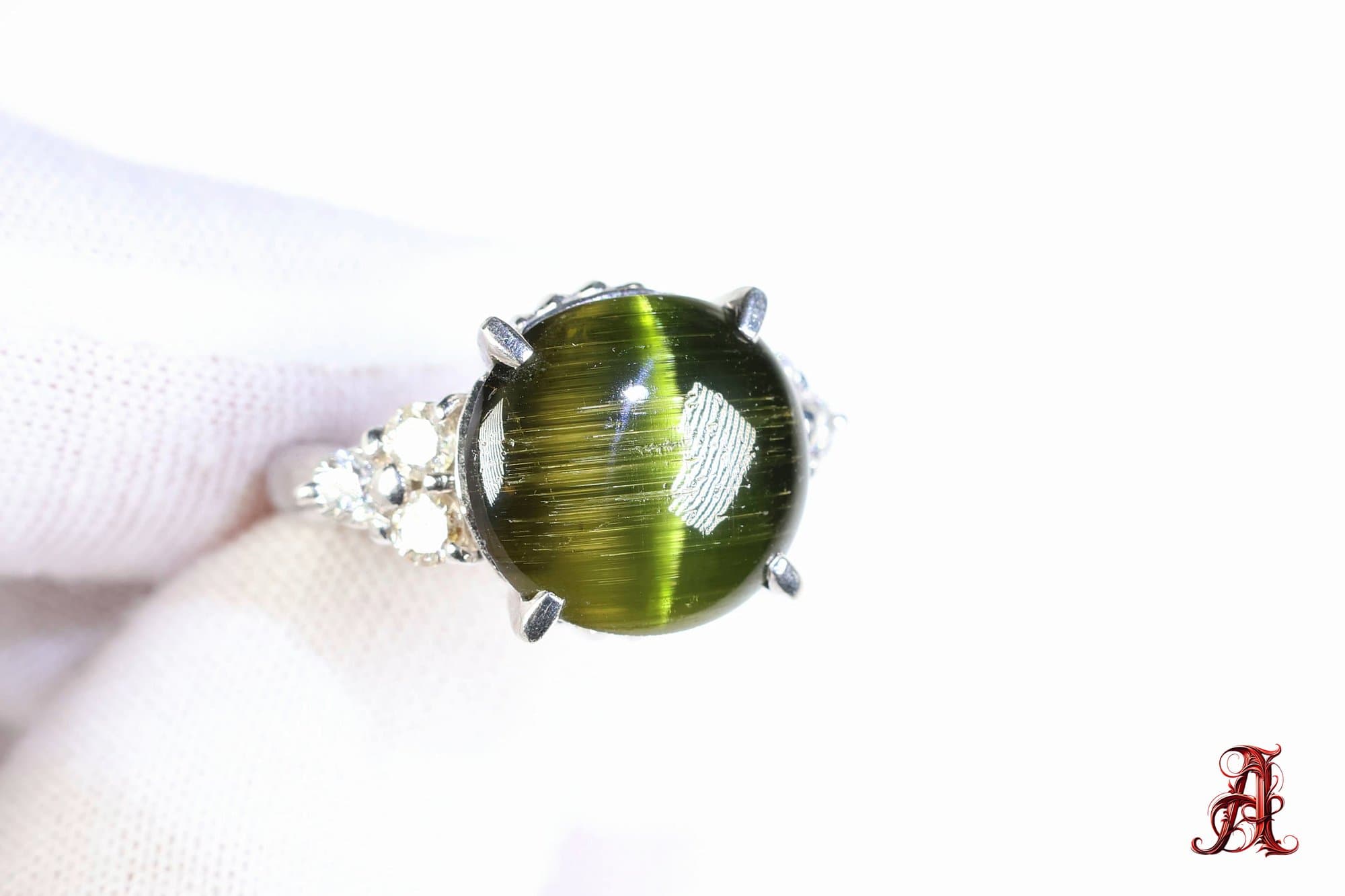 Platinum, Cat's Eye Tourmaline & Diamond Ring 7.28ctw, 10 Grams Gemstone Jewelry Diamonds