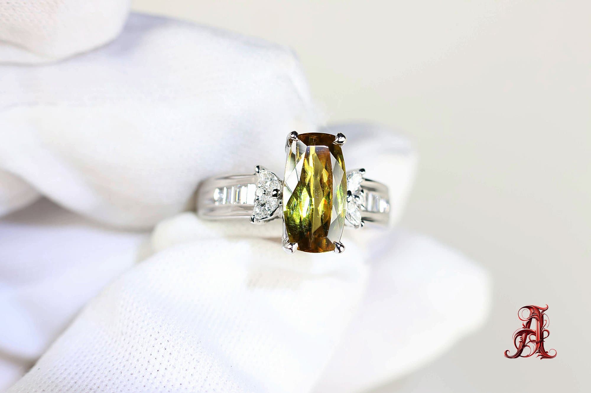 Platinum, Sphene & Diamond Ring 2.98ctw, 9.3 Grams Gemstone Natural Jewelry Diamonds