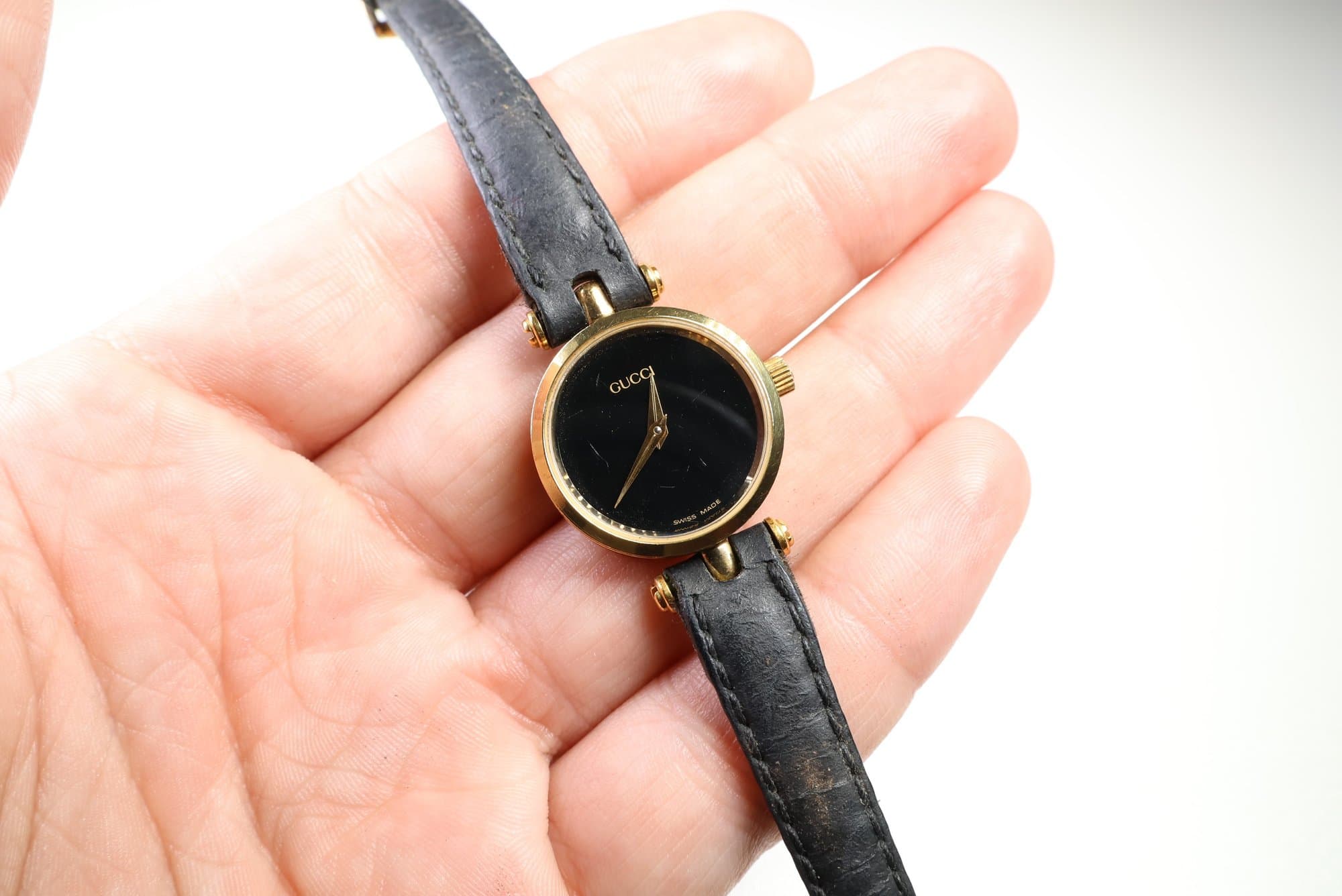Gucci Gold-Tone Black Dial Leather Watch