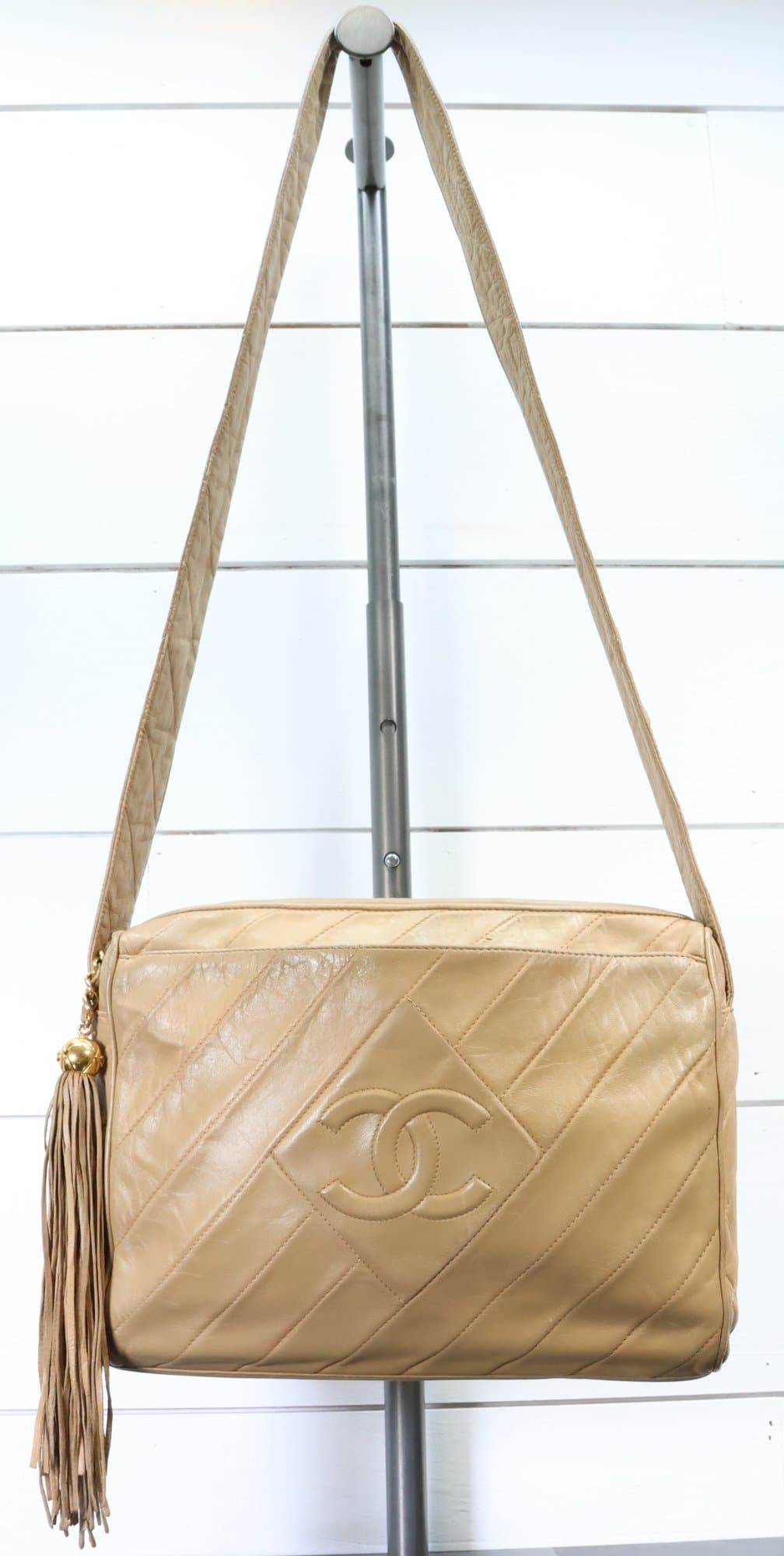 Chanel Interlocking C Beige Lambskin Diagonal Stitch CC Tassel Purse Crossbody Bag