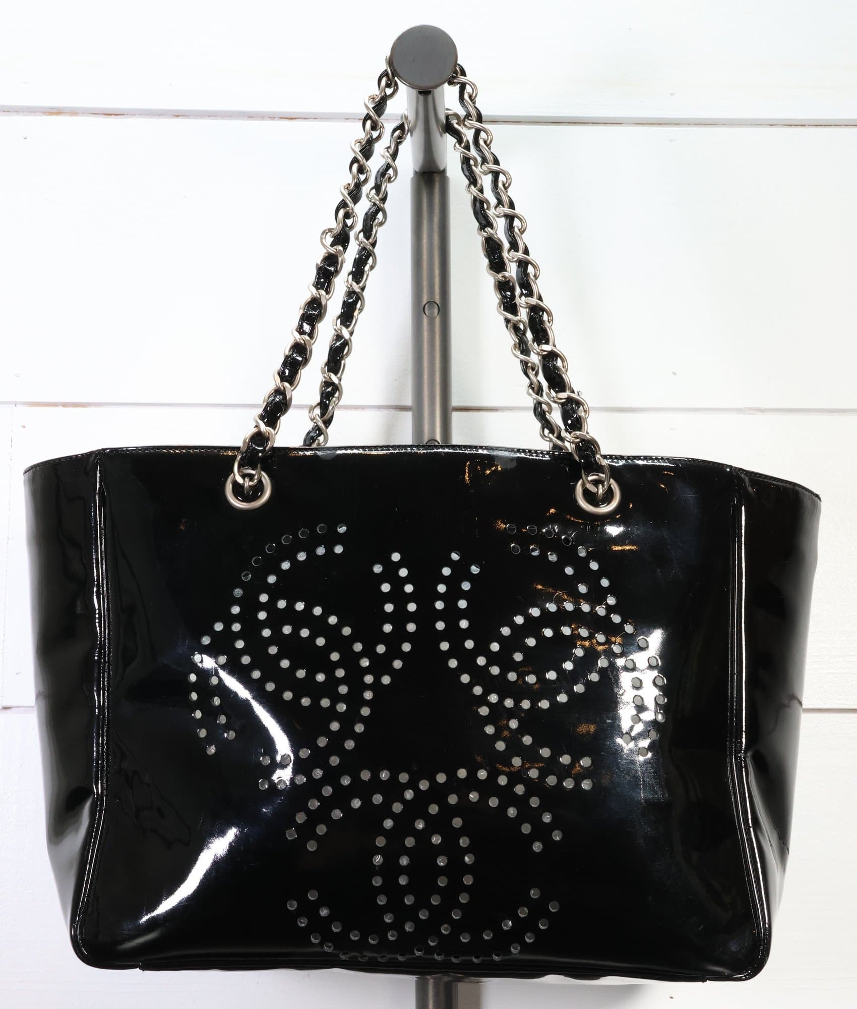 Chanel Triple Coco Punching Logo Enamel Chain Tote Bag Black Patent Leather Purse Handbag