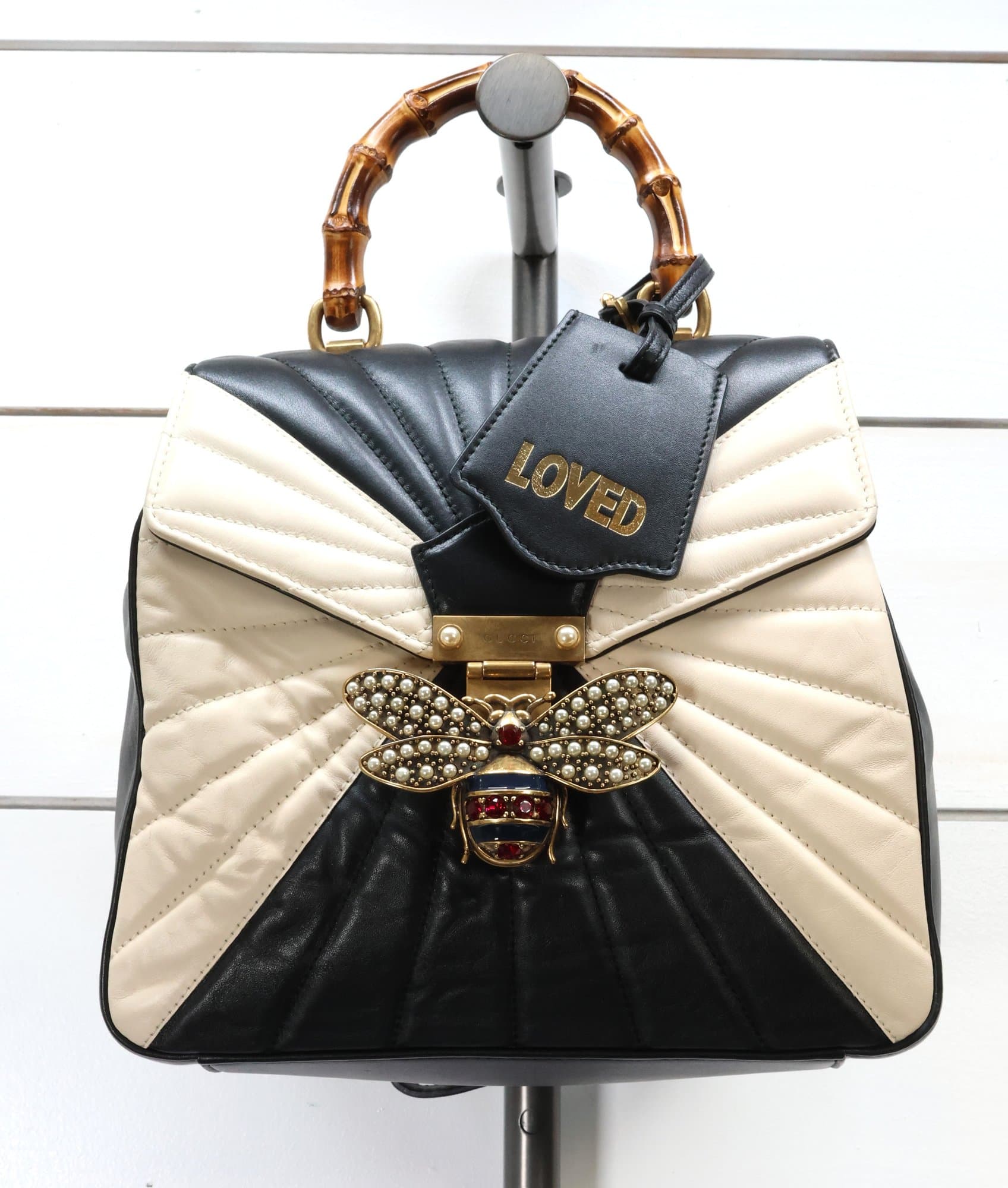 GUCCI Bamboo Trapuntata Queen Margaret Top Handle Bag Backpack Black And White Leather Purse