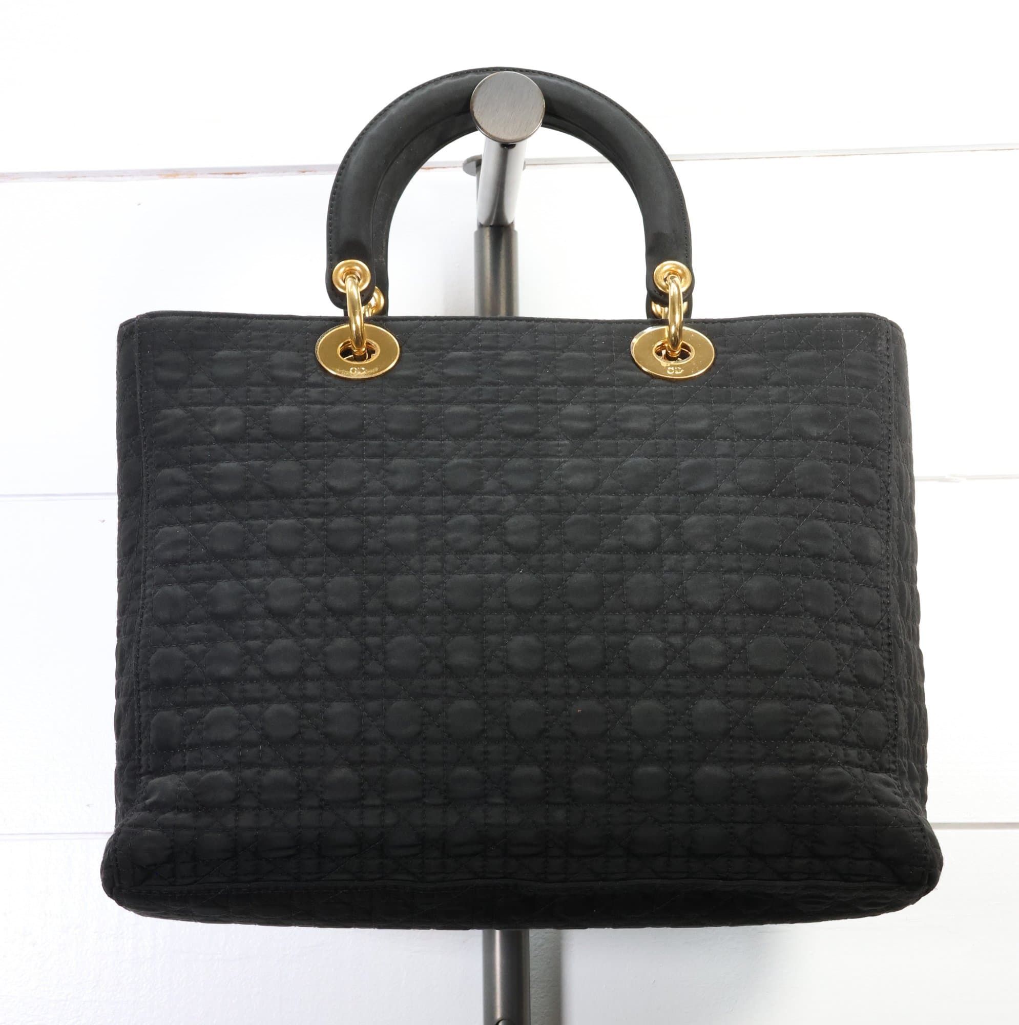 Christian Dior Black Quilted Nylon Lady Dior Handbag Gold Hardware Red Lining Purse handbags auction at Alighieri's