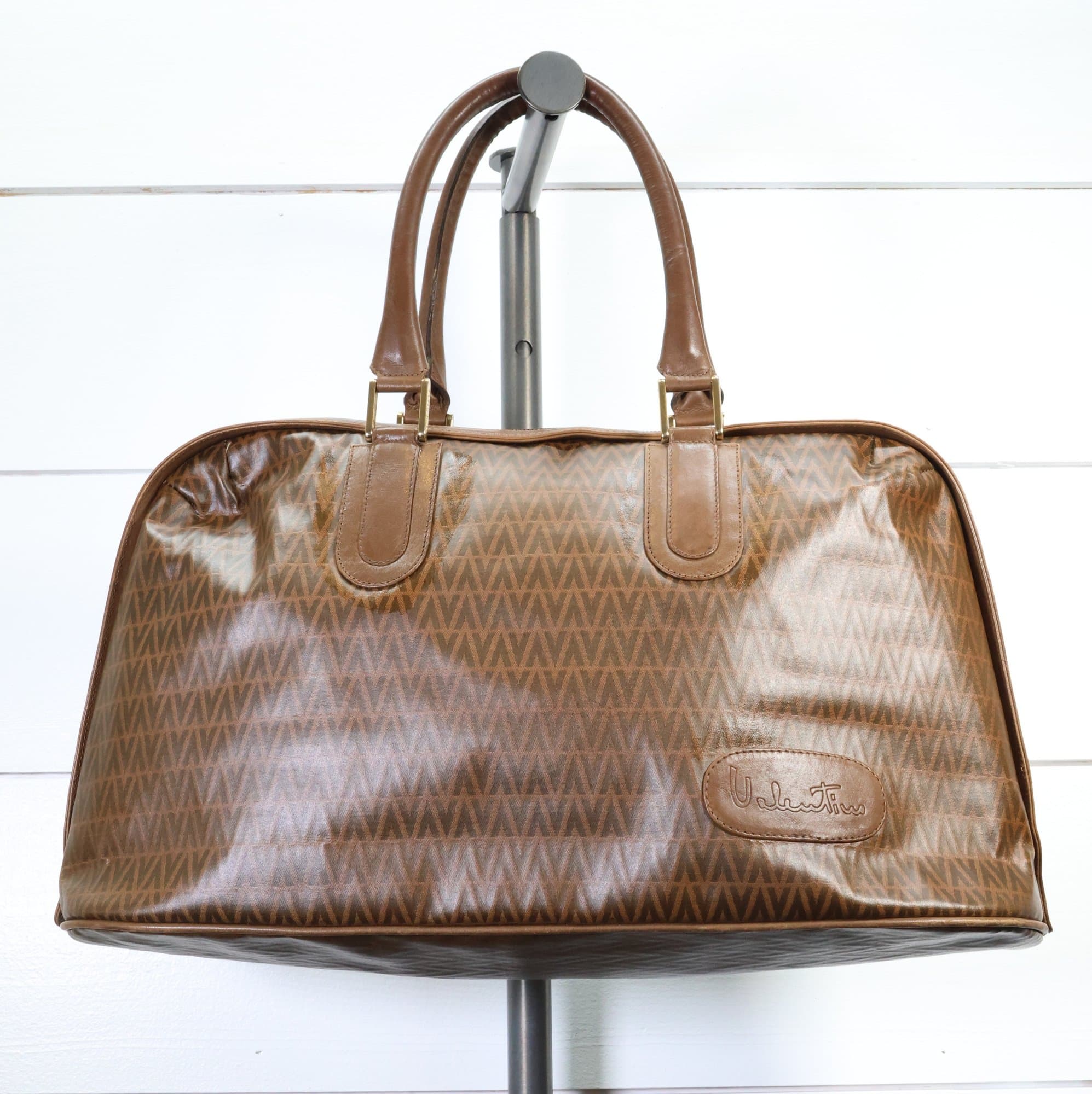 Mario Valentino Vintage Monogram Boston Bag Brown PVC Leather Trim Gold Hardware