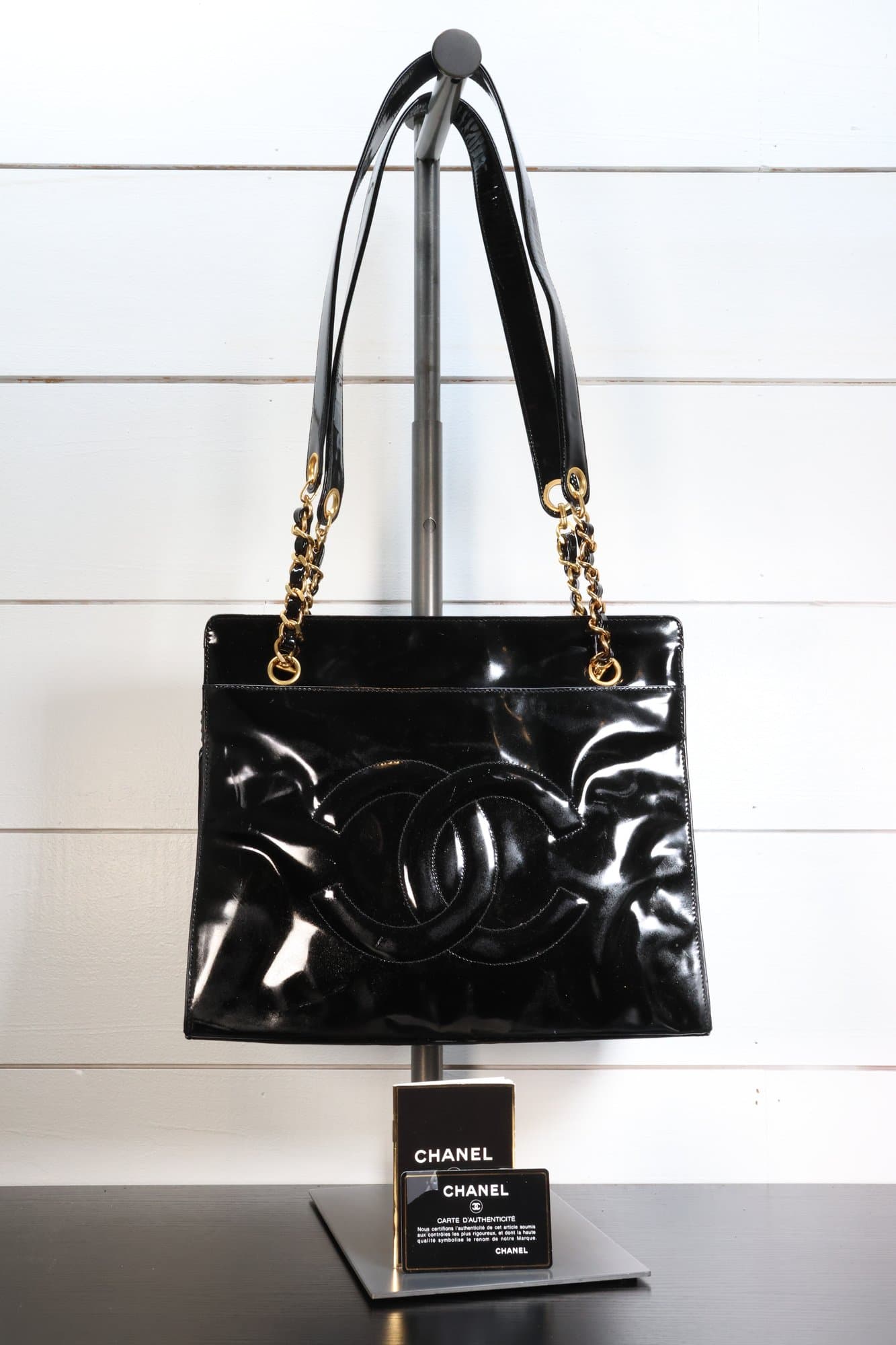 Chanel Vintage Patent Leather Black Shoulder Tote Bag Gold Chain Link Straps Printed CC Logo