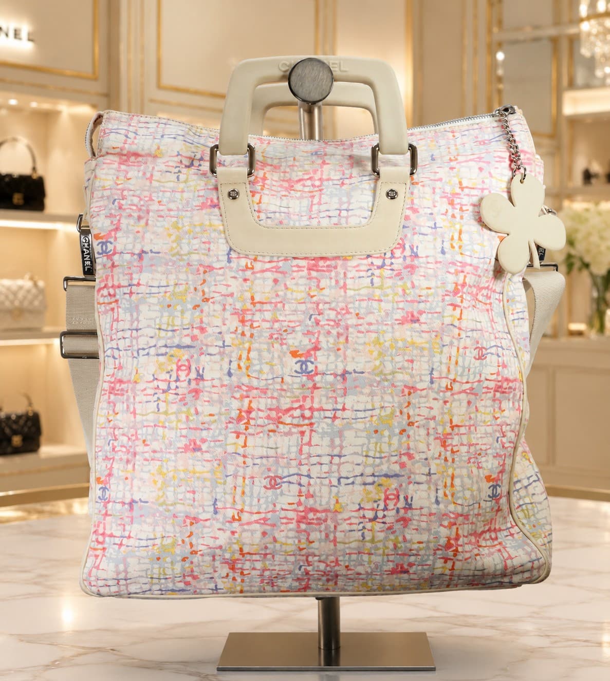 Chanel Canvas Clover Watercolor Tote Bag Pink Multicolor Print Handbag Purse