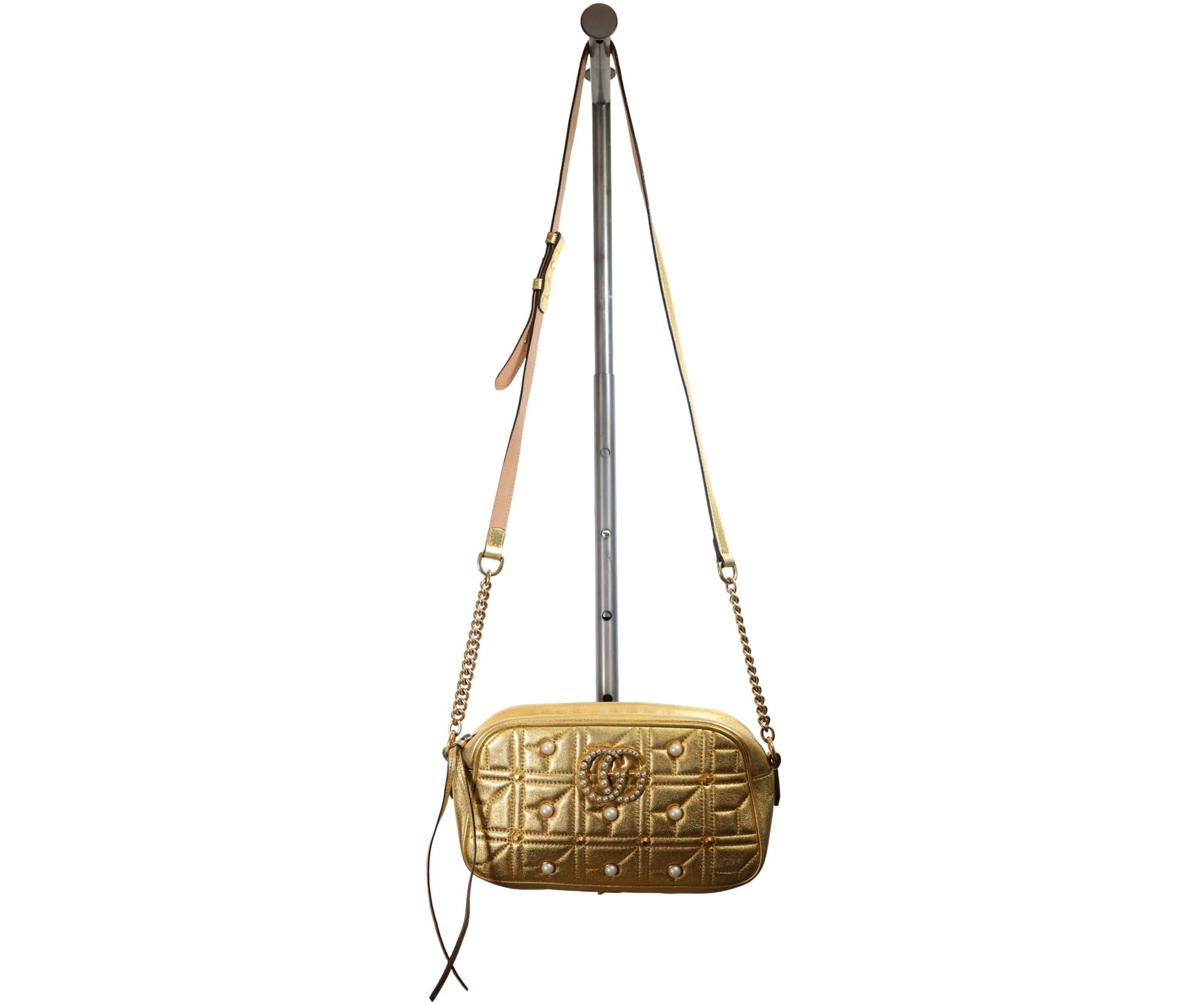 Gucci GG Marmont Small Matelasse Quilted Metallic Gold Leather Pearls Studs Crossbody Bag Purse handbags auction at Alighieri's