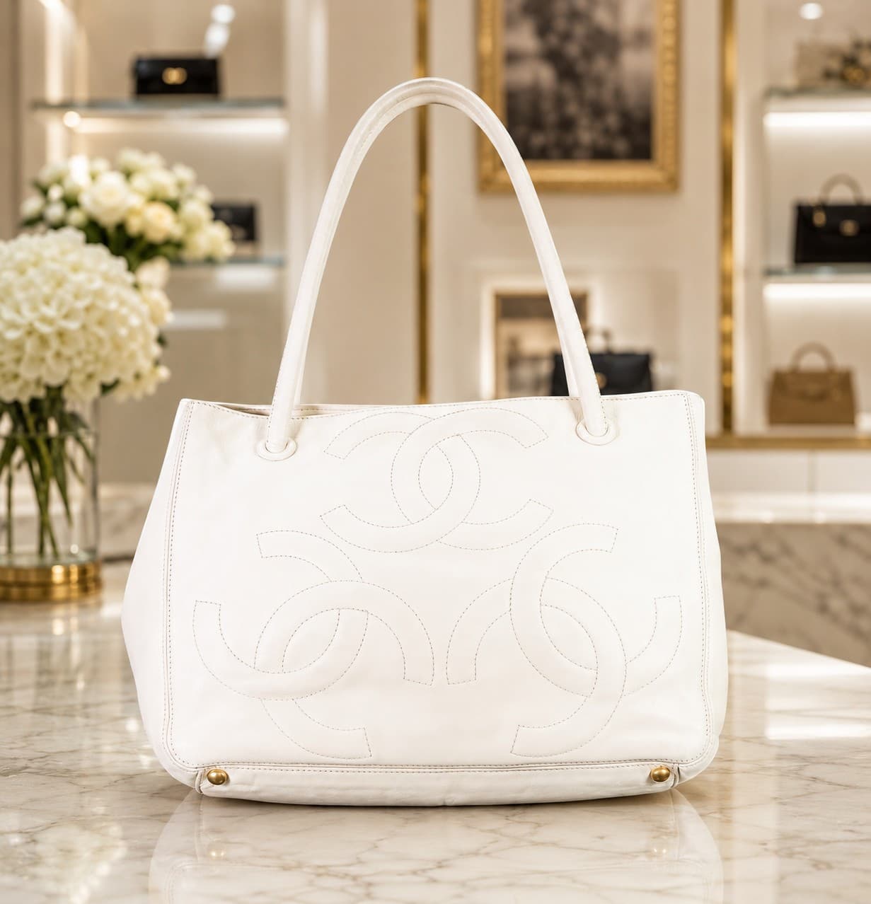 Chanel Triple CC Logo Patent Leather Tote Handbag Purse