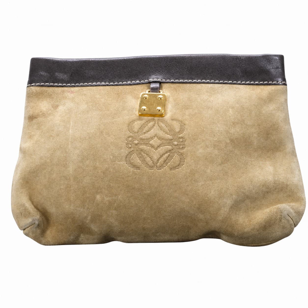 Loewe Anagram Suede Leather Frame Clutch Handbag Purse Bag Beige Brown Gold Hardware