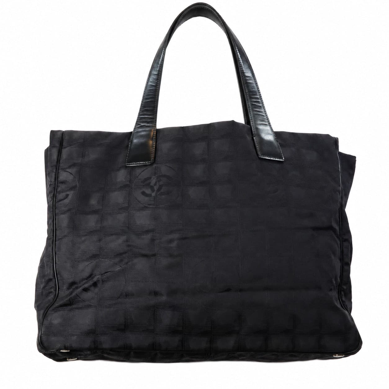 Chanel New Travel Line Nylon Jacquard Tote Bag Handbag Purse Black Leather