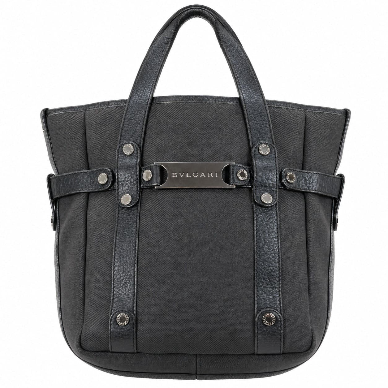 Bulgari Black Canvas Leather Tote Handbag Purse Bag Top Handle