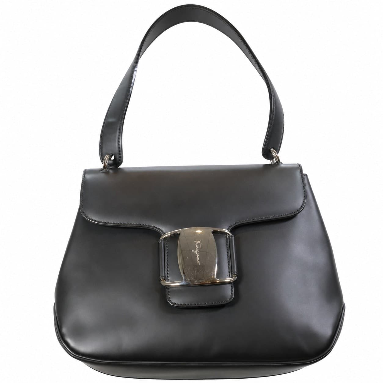 Salvatore Ferragamo Vara Buckle Black Leather Shoulder Bag Handbag Purse