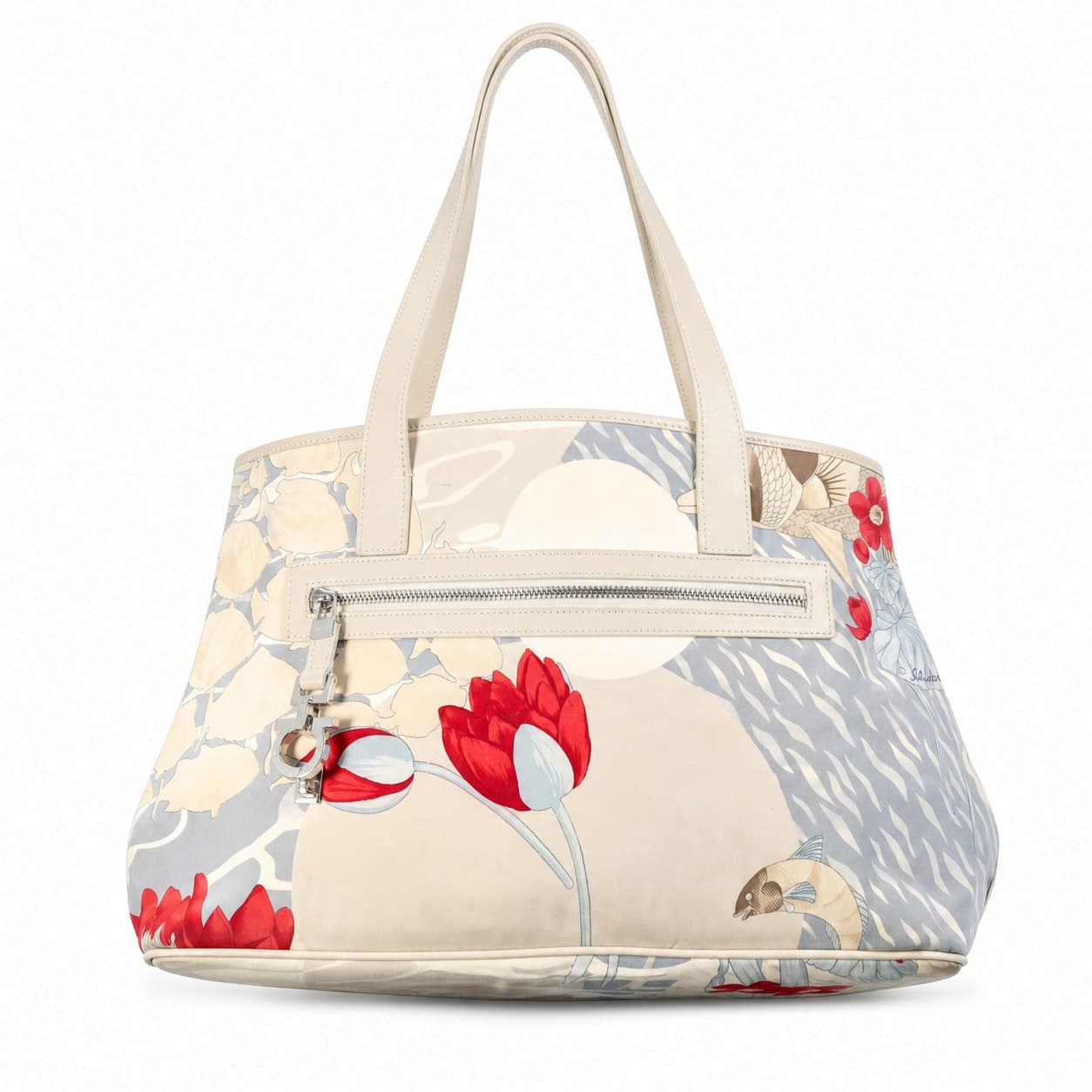 Salvatore Ferragamo Koi Fish Lotus Floral Print Canvas Leather Shoulder Bag Handbag Purse