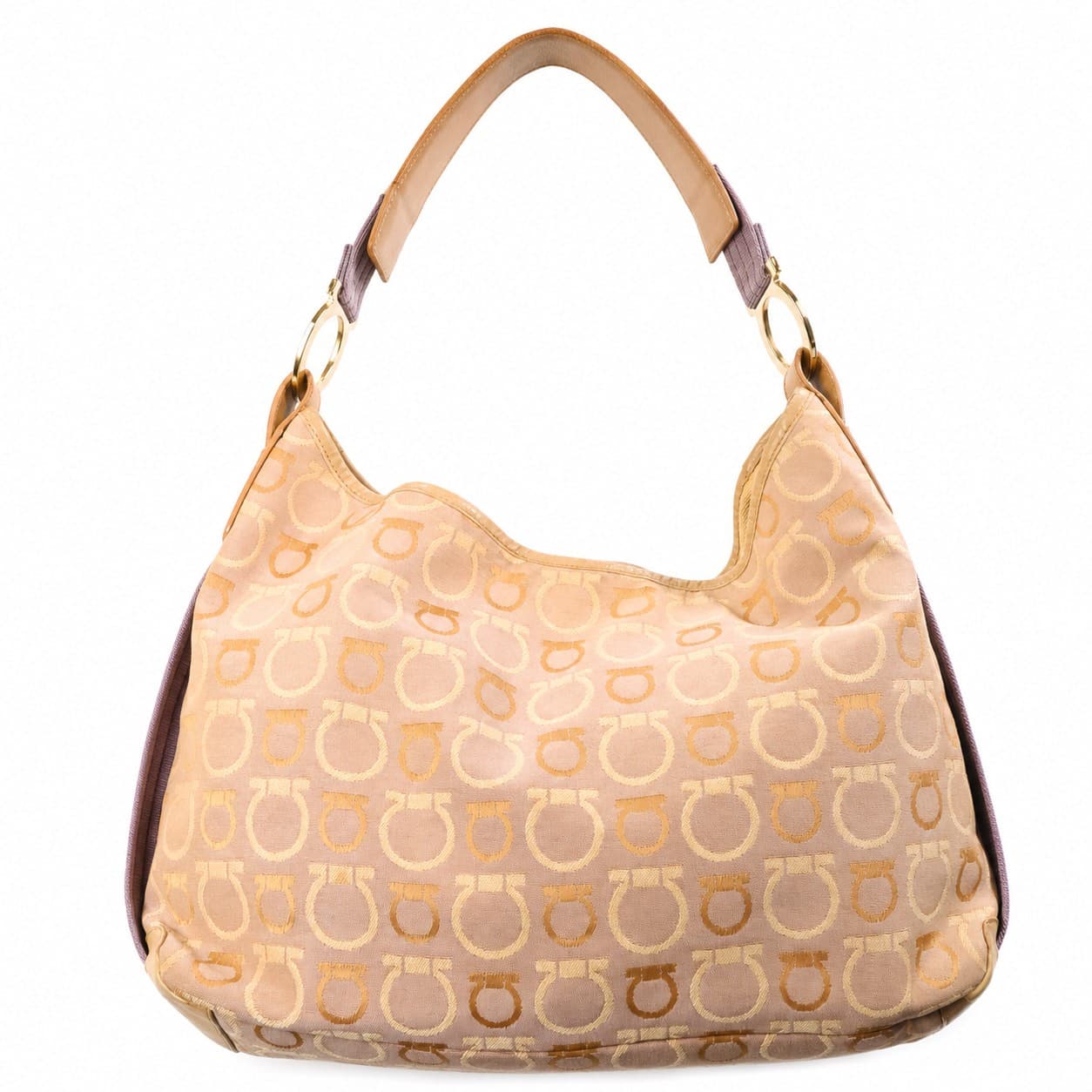 Salvatore Ferragamo Gancini Canvas Leather Hobo Shoulder Bag Purse Beige