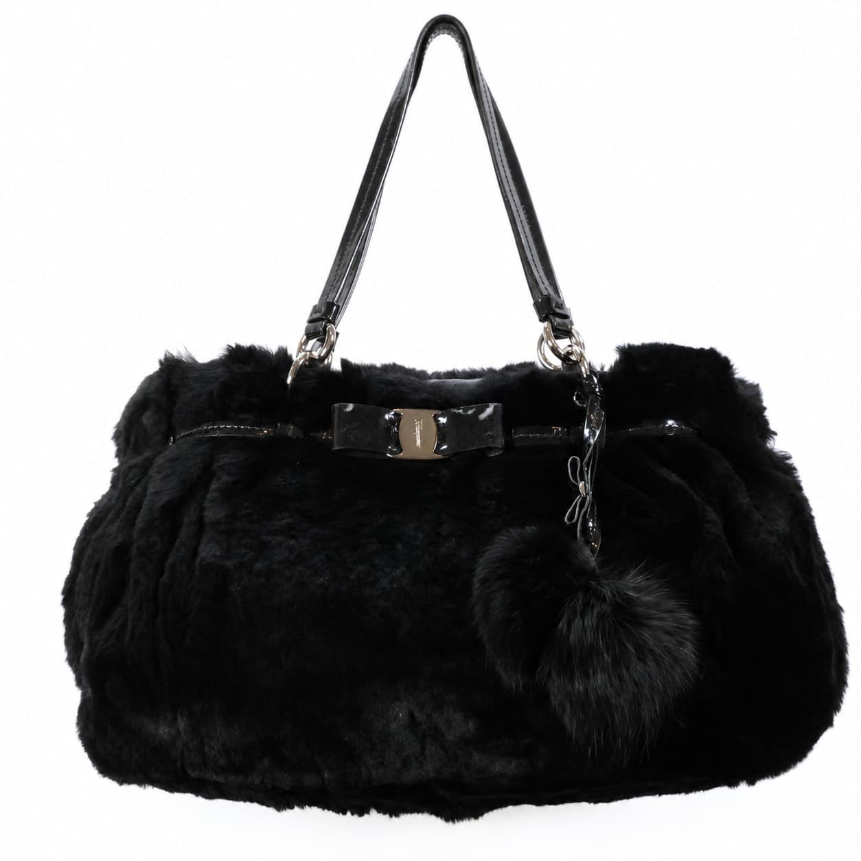 Salvatore Ferragamo Black Fur Patent Leather Shoulder Bag Handbag Purse