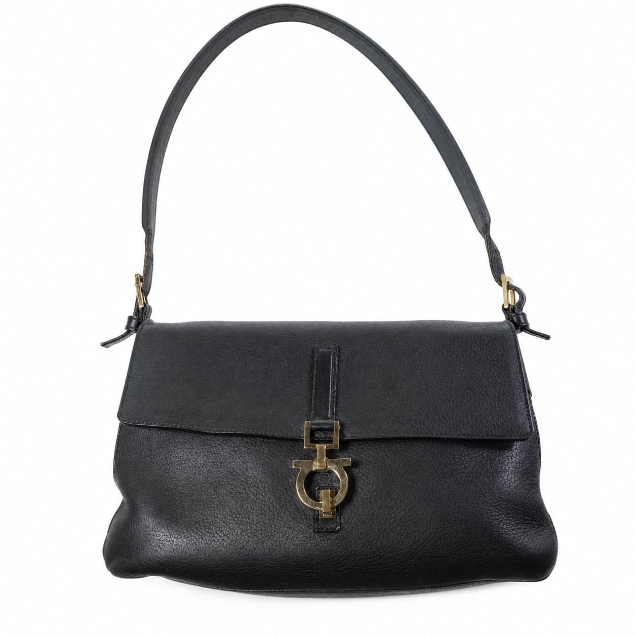 Salvatore Ferragamo Gancini Black Leather Shoulder Bag Handbag Purse