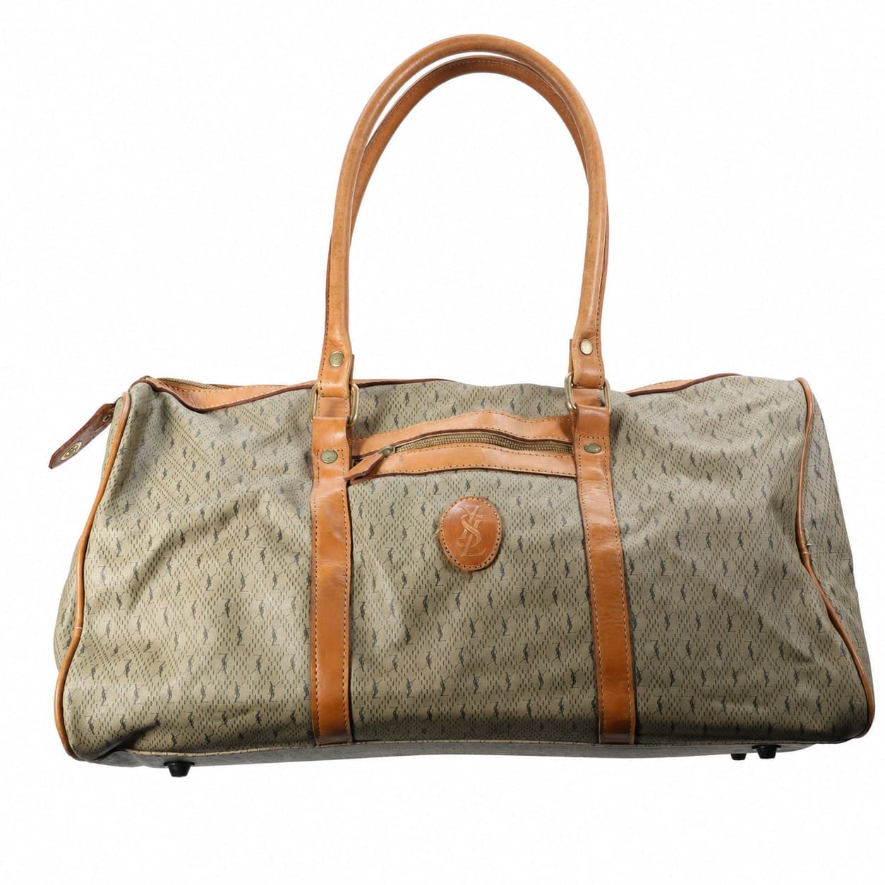 Yves Saint Laurent Monogram Canvas Leather Trim Duffle Bag Barrel Handbag Tan