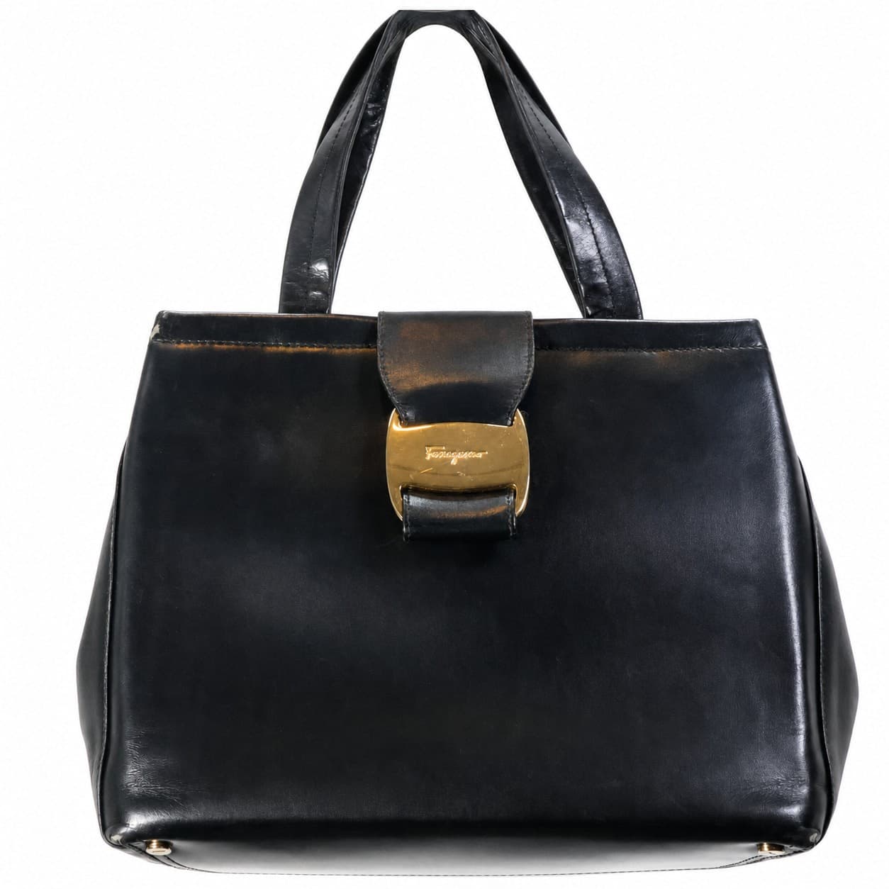 Salvatore Ferragamo Black Leather Handbag Purse Satchel Top Handle Bag