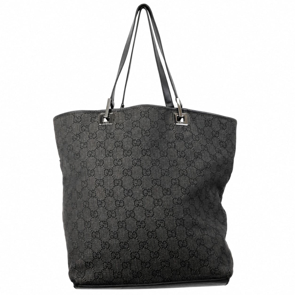 Gucci GG Monogram Canvas Black Leather Tote Bag Shoulder Bag Handbag Purse