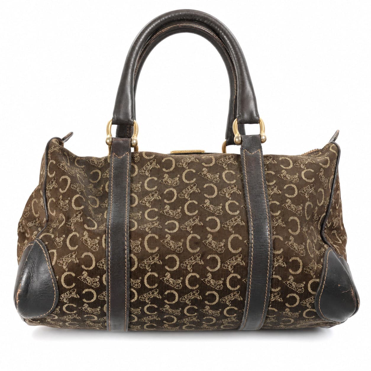 Céline Macadam Monogram Canvas Leather Brown Boston Barrel Bag Handbag Satchel Purse