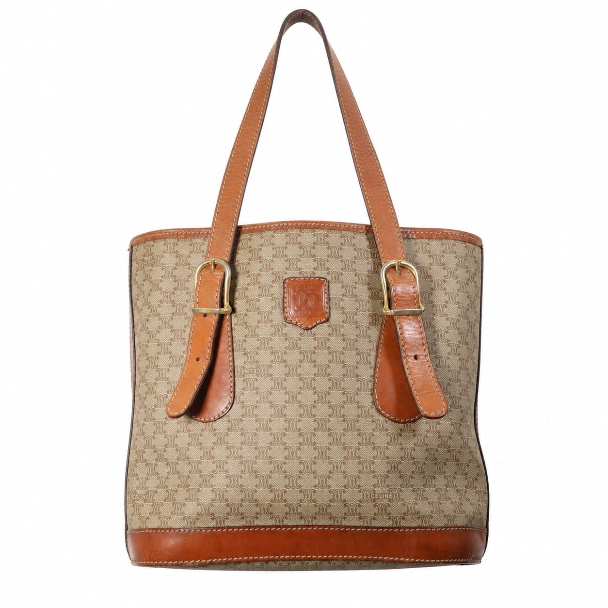 Celine Macadam Monogram Canvas Leather Tote Bag Shoulder Bag Handbag Beige Brown
