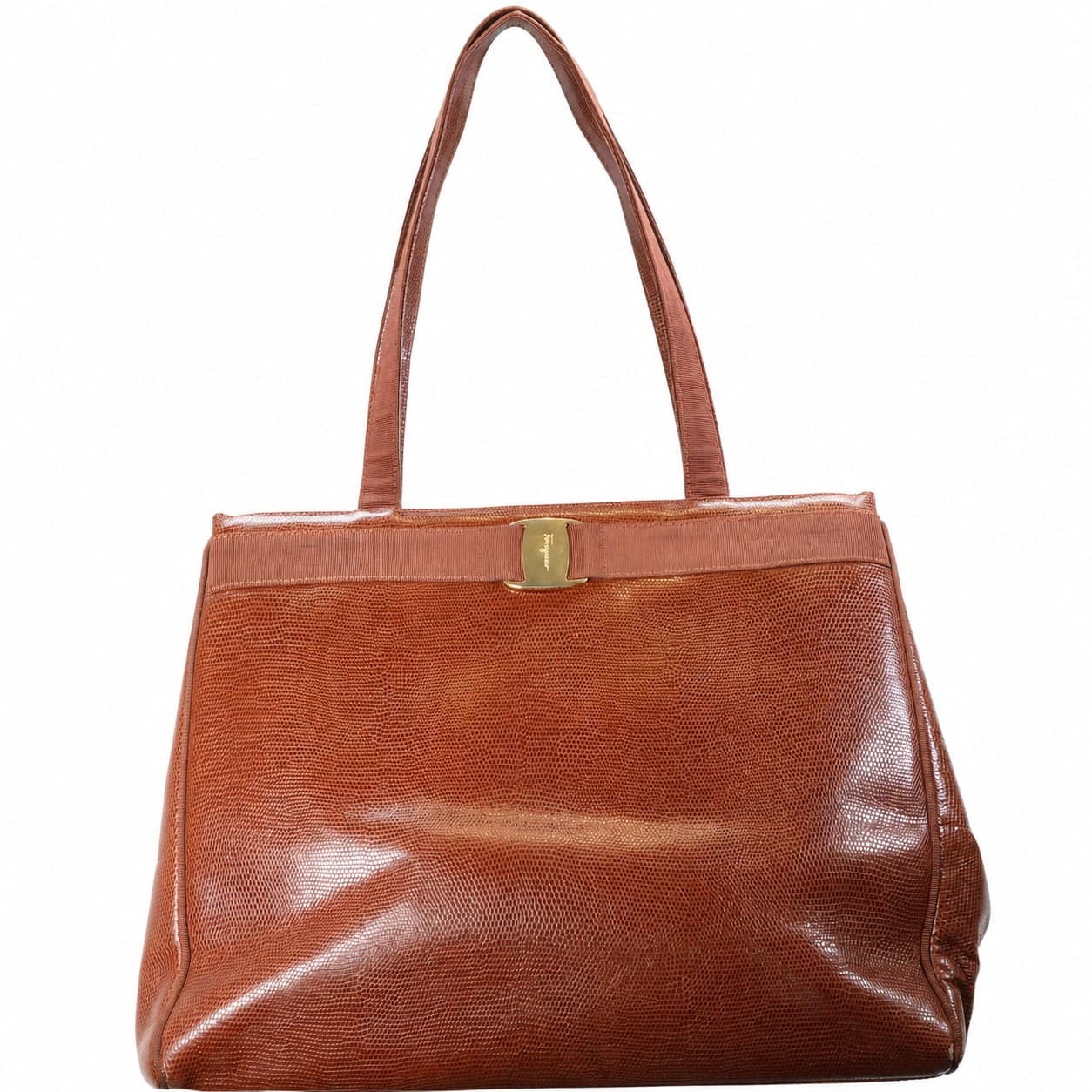 Salvatore Ferragamo Lizard Leather Vara Bow Shoulder Bag Handbag Purse Tote Brown