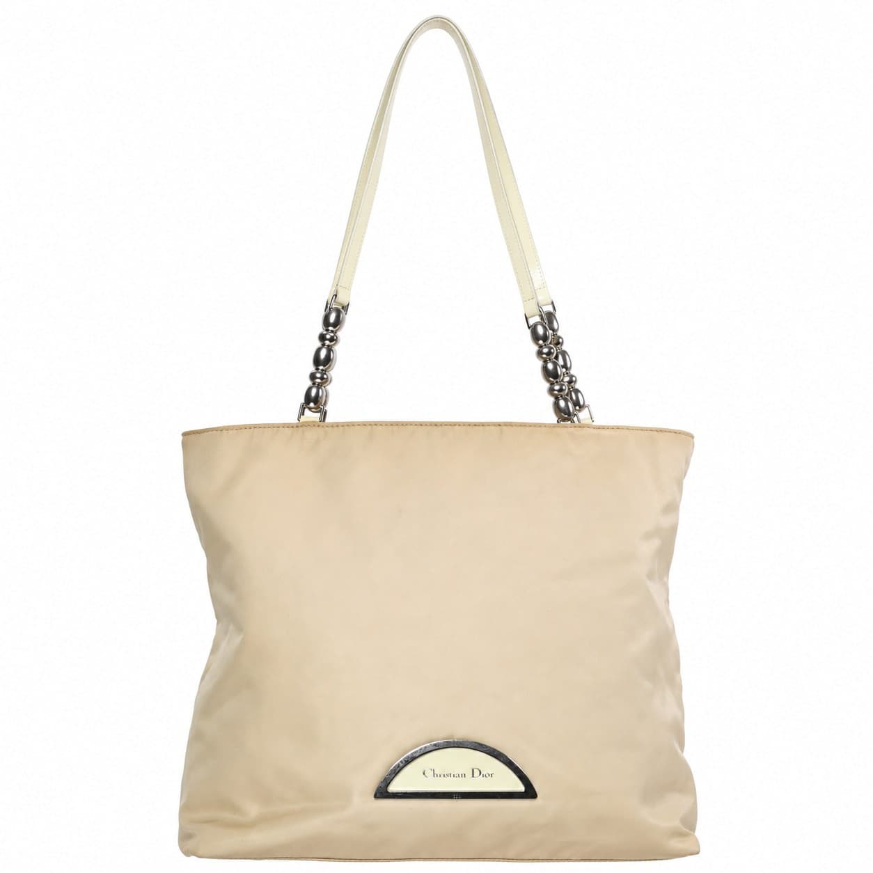Christian Dior Beige Nylon Canvas Shoulder Bag Handbag Purse Tote Chain Strap