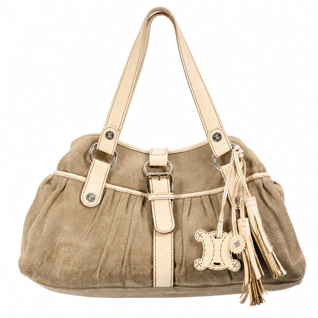 Céline Canvas Leather Shoulder Bag Handbag Purse Beige