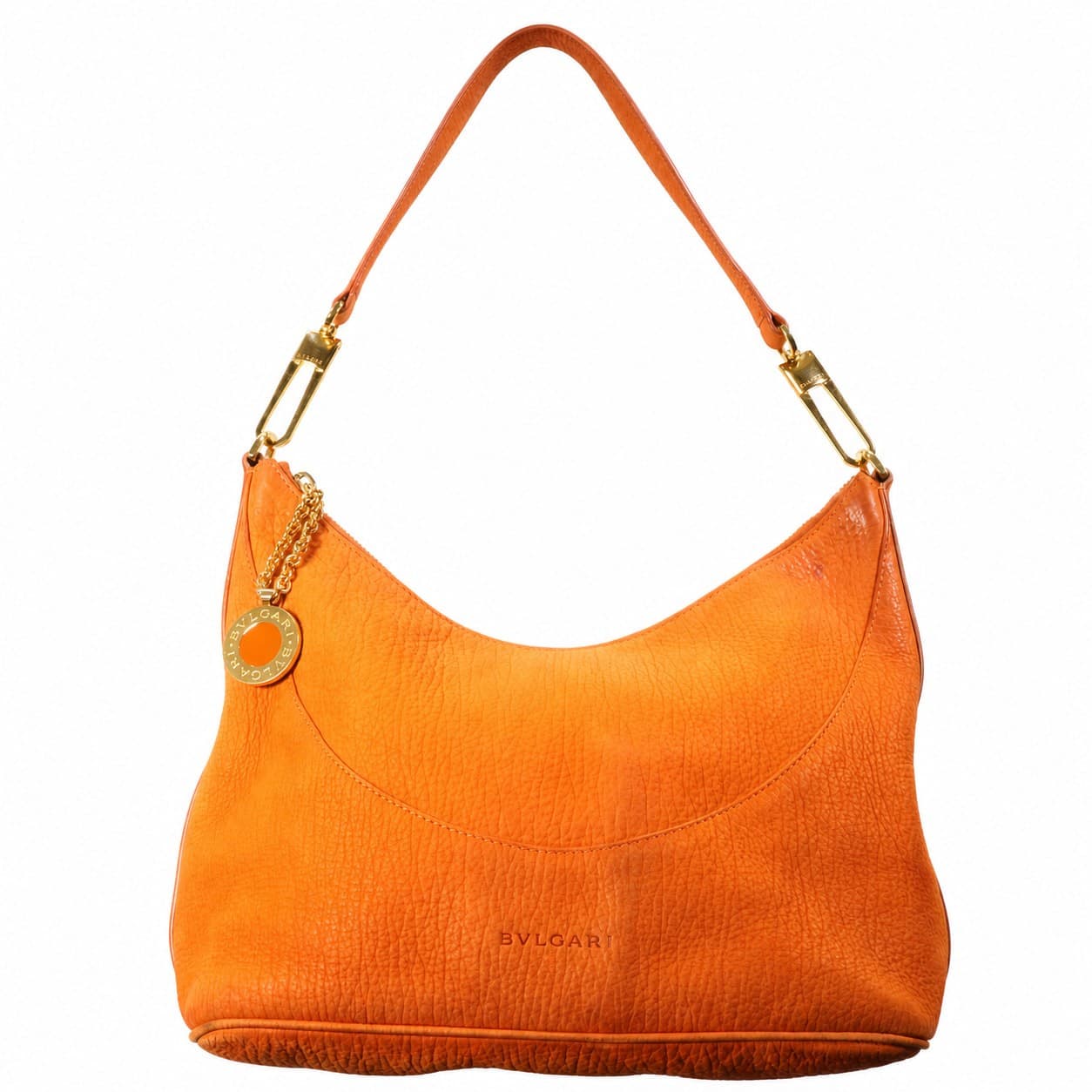 Bvlgari Orange Pebbled Leather Hobo Shoulder Bag Handbag Purse Gold Hardware handbags auction at Alighieri's