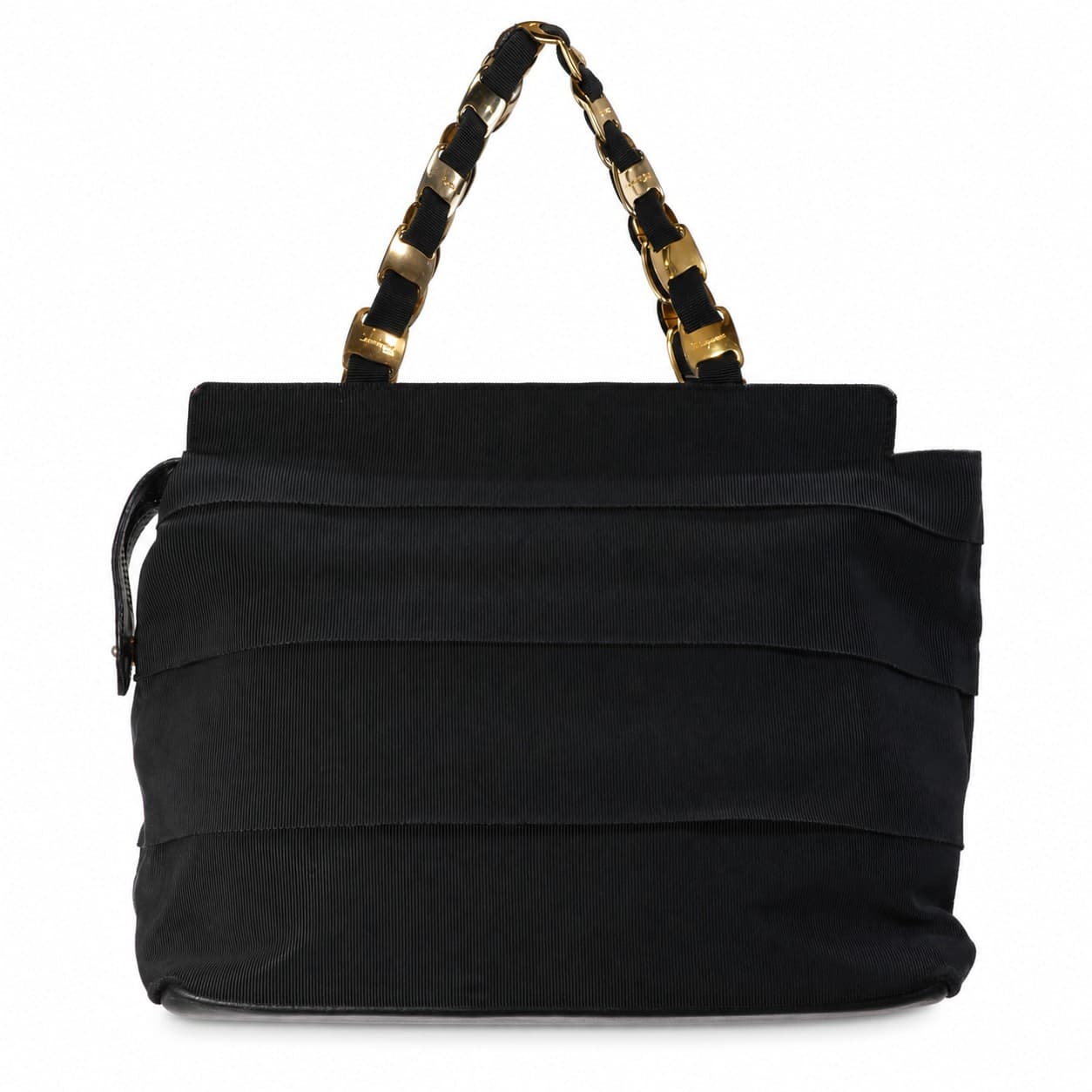 Salvatore Ferragamo Black Grosgrain Canvas Leather Shoulder Bag Handbag Purse