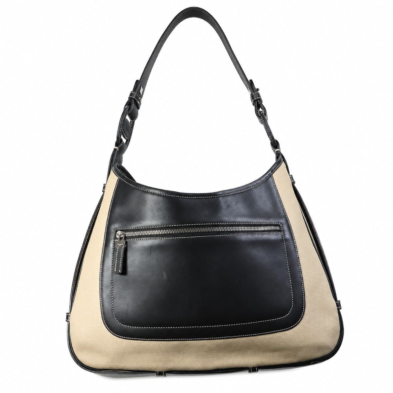 Salvatore Ferragamo Canvas Leather Hobo Shoulder Bag Beige Black Handbag Purse