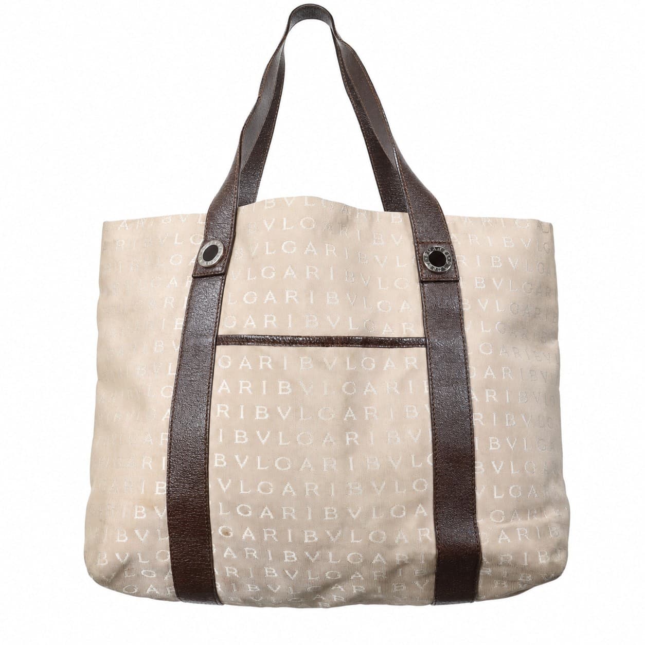 Bvlgari Logomania Canvas Leather Tote Shoulder Bag Handbag Beige Brown