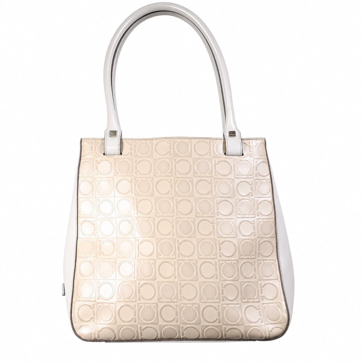 Salvatore Ferragamo Gancini Embossed Leather Tote Handbag Purse Bag White Beige