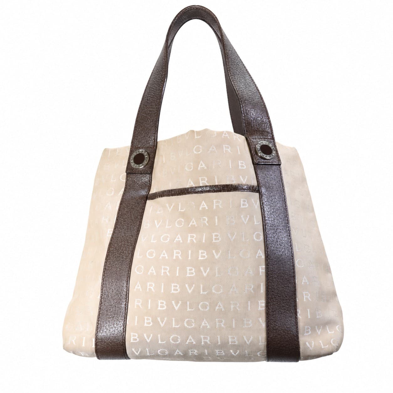 Bvlgari Logomania Canvas Leather Shoulder Bag Tote Handbag Purse Beige Brown