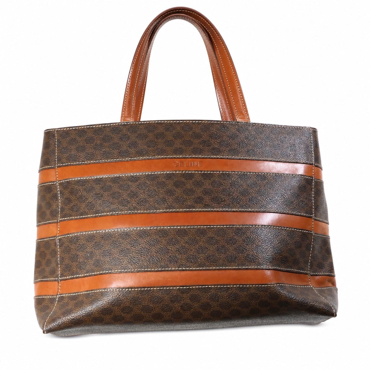Celine Macadam Striped Leather Canvas Tote Bag Handbag Purse Brown