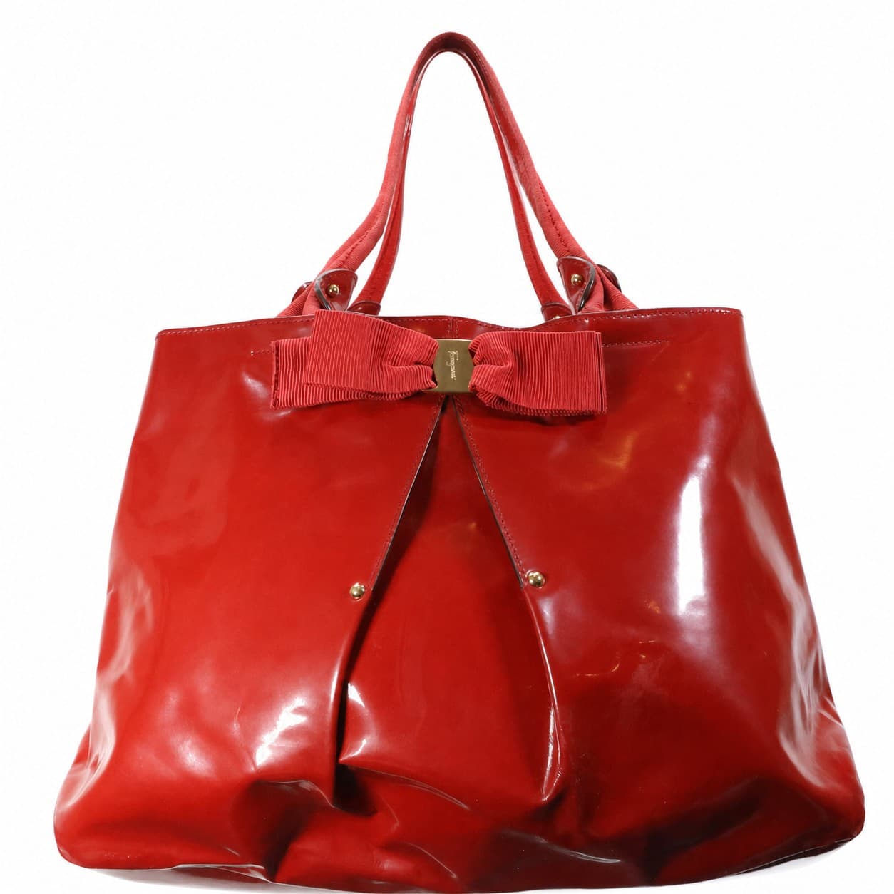 Salvatore Ferragamo Patent Leather Grosgrain Bow Tote Handbag Purse Red