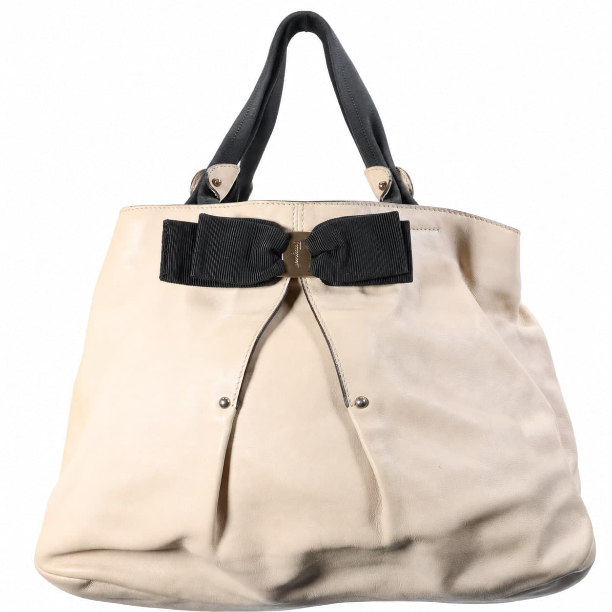Salvatore Ferragamo Beige Leather Vara Bow Tote Handbag Purse Shoulder Bag handbags auction at Alighieri's