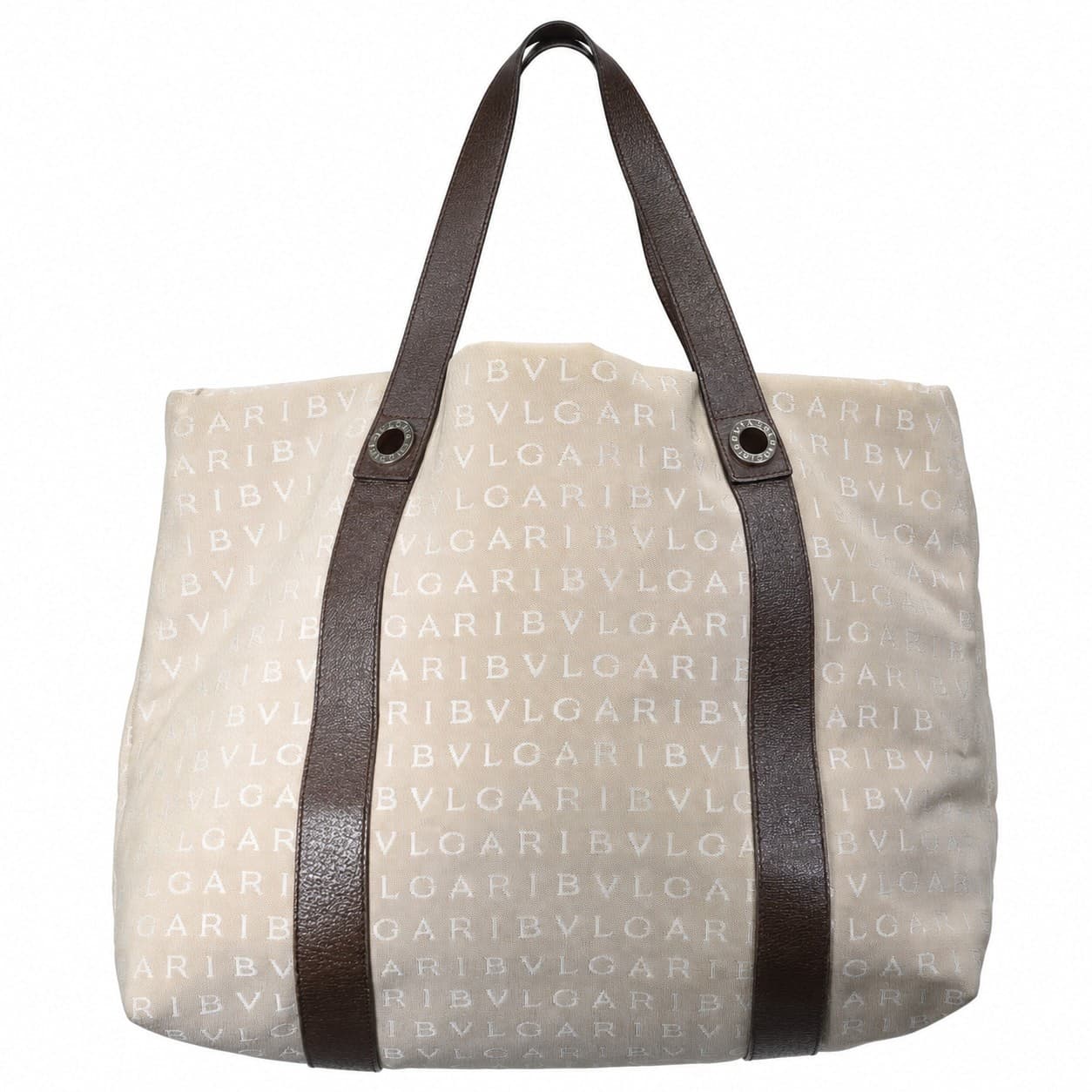 Bvlgari Logomania Canvas Leather Tote Bag Handbag Shoulder Bag Beige Brown