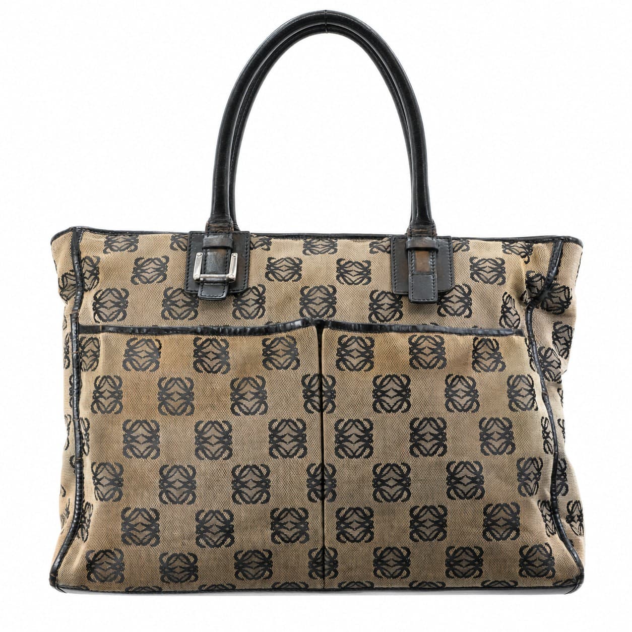 Loewe Anagram Canvas Leather Tote Handbag Purse Bag Shoulder Bag Beige Black