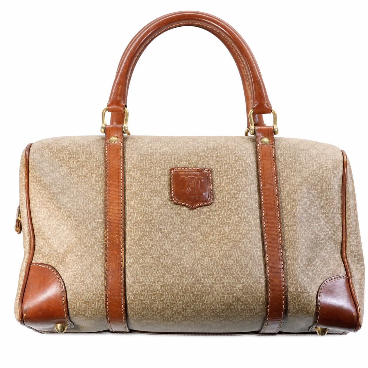 Celine Macadam Canvas Leather Boston Bag Handbag Purse Top Handle Beige Brown
