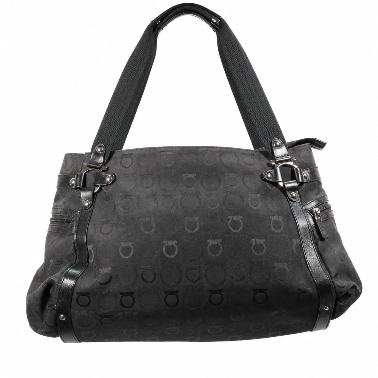 Salvatore Ferragamo Gancini Black Canvas Leather Shoulder Bag Handbag Purse