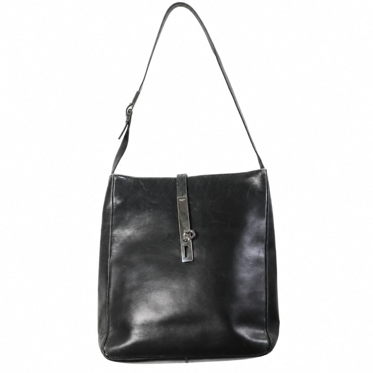Salvatore Ferragamo Black Leather Gancini Shoulder Bag Handbag Purse