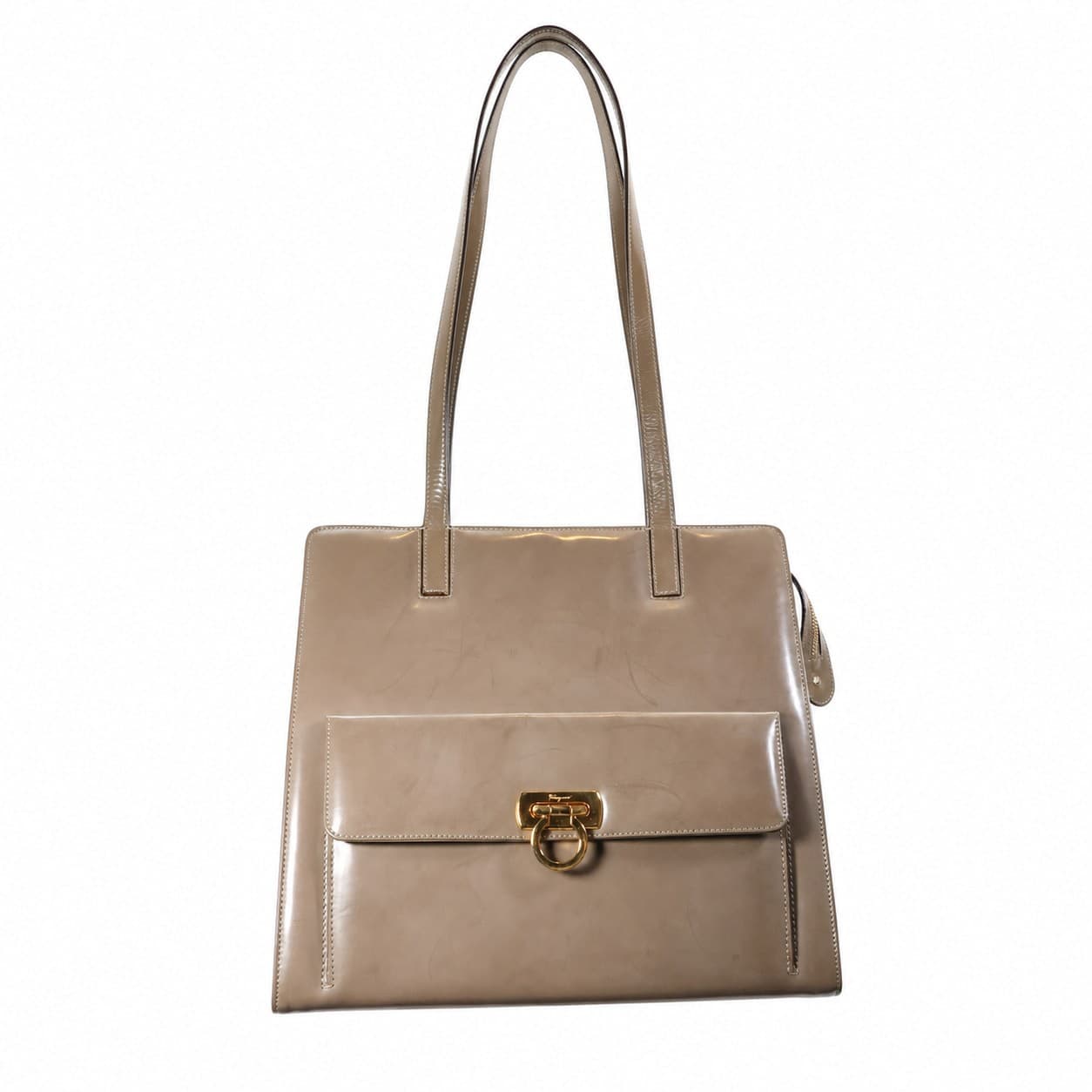 Salvatore Ferragamo Gancini Leather Shoulder Bag Handbag Purse Taupe Gold Hardware