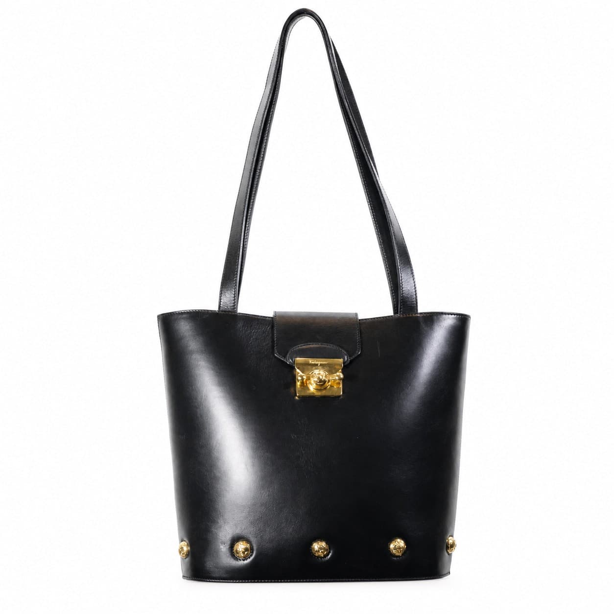 Salvatore Ferragamo Black Leather Gancini Clasp Shoulder Bag Tote Handbag Purse
