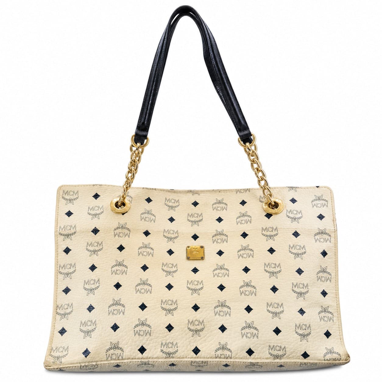 MCM Visetos Monogram Coated Canvas Shoulder Bag Tote Handbag Purse Beige