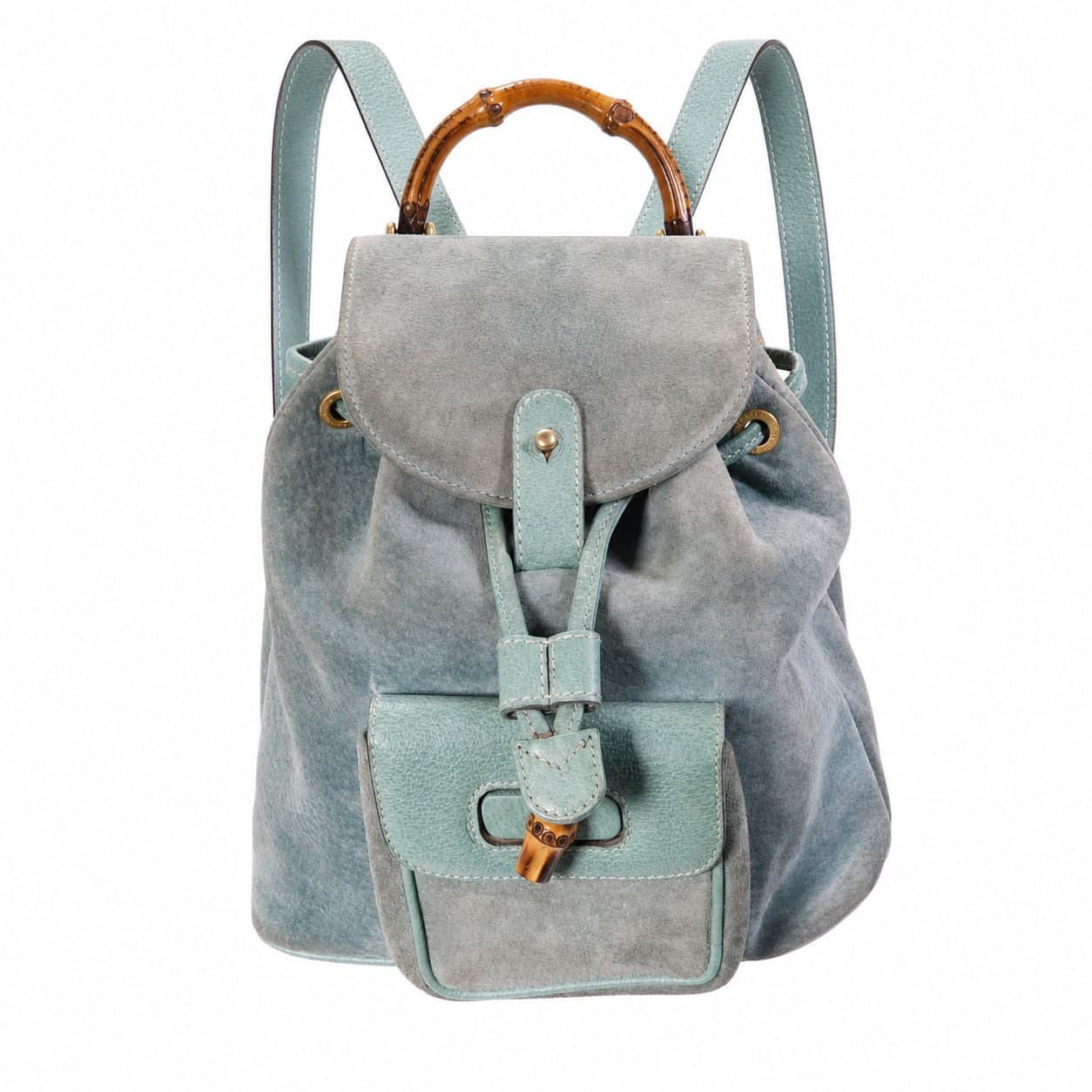 Gucci Bamboo Suede Leather Backpack Handbag Purse Bag Gray Green