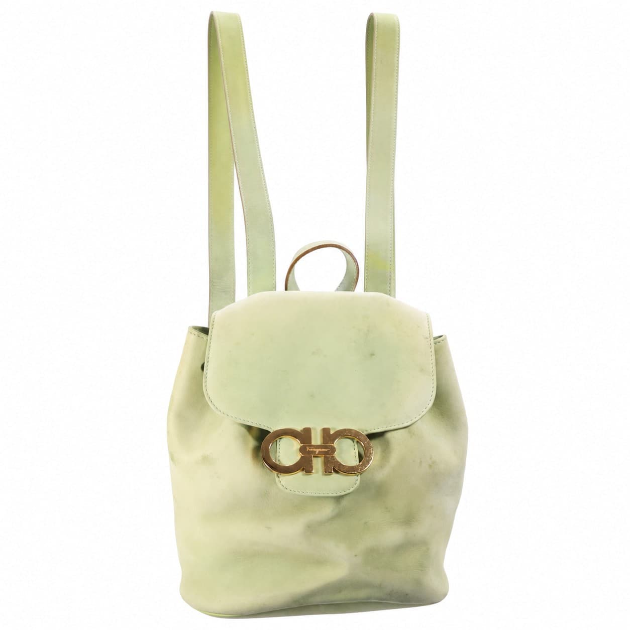 Salvatore Ferragamo Gancini Suede Leather Backpack Bag Purse Green Gold