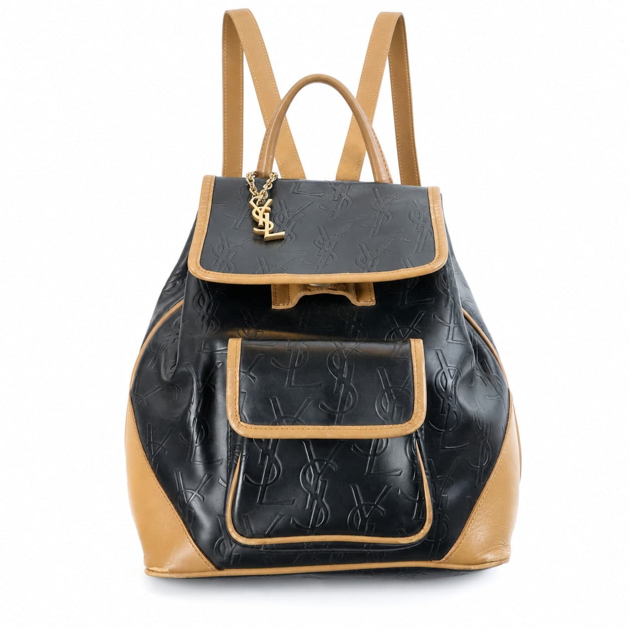 Yves Saint Laurent Embossed Monogram Leather Backpack Bag Black Tan Purse