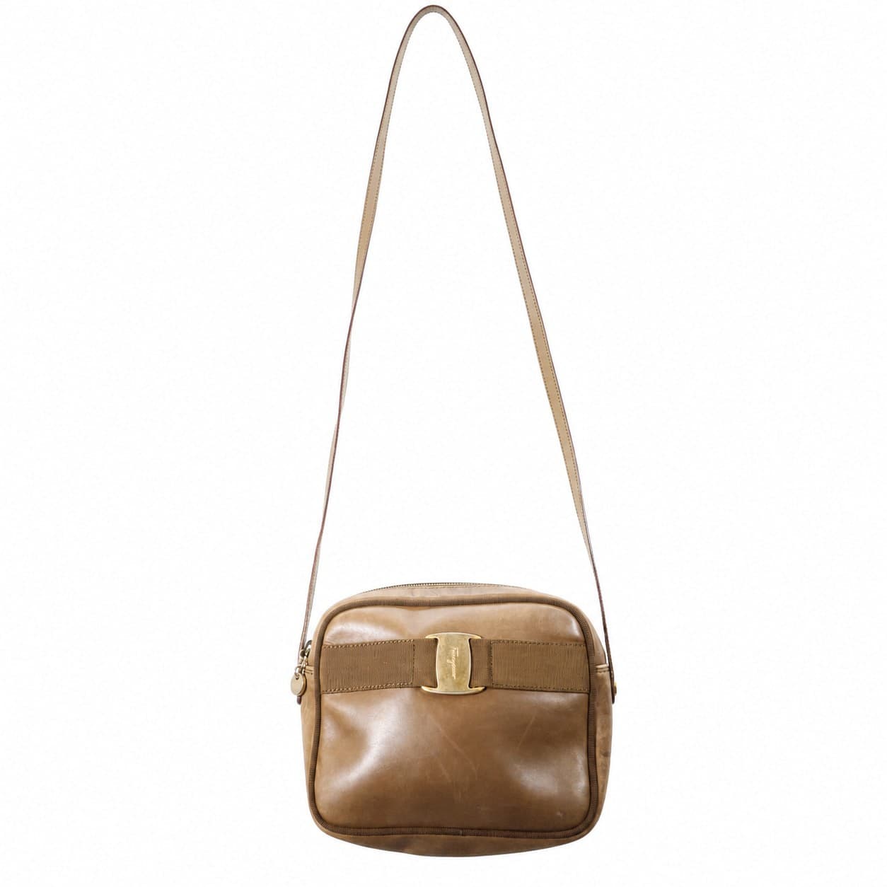Salvatore Ferragamo Vara Bow Brown Leather Crossbody Camera Bag Purse Handbag