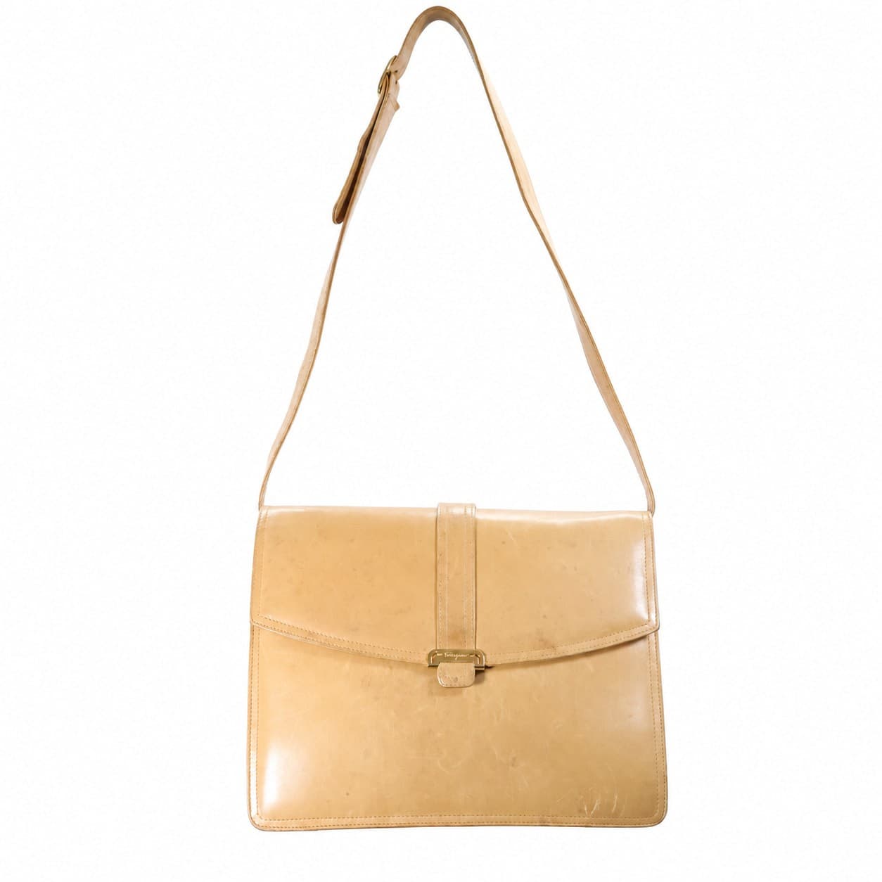 Salvatore Ferragamo Leather Shoulder Bag Crossbody Purse Handbag Beige Gold Hardware
